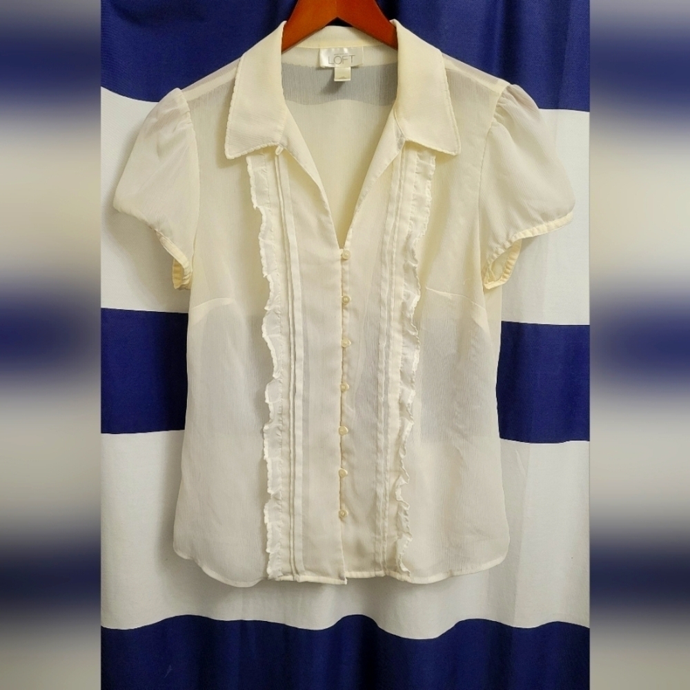 LOFT Cream Sheer Romantic Cottagecore Button-Up Blouse with Ruffle Trim | 10